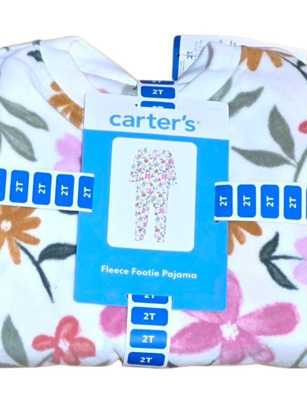 Carter's White Fleece Footie Pajama  2T Pink Floral with Leaves 2-Way Zip Up